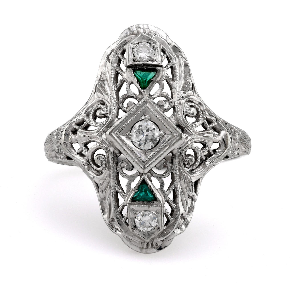 Art Deco Diamond Emerald Platinum Navette Ring  Jack Weir & Sons   