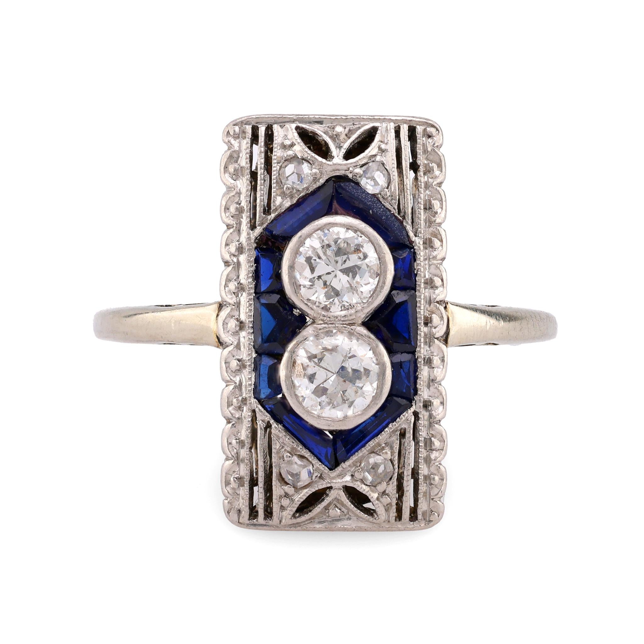 Art Deco Diamond Sapphire 18K White Gold Two Stone Ring Rings Jack Weir & Sons   