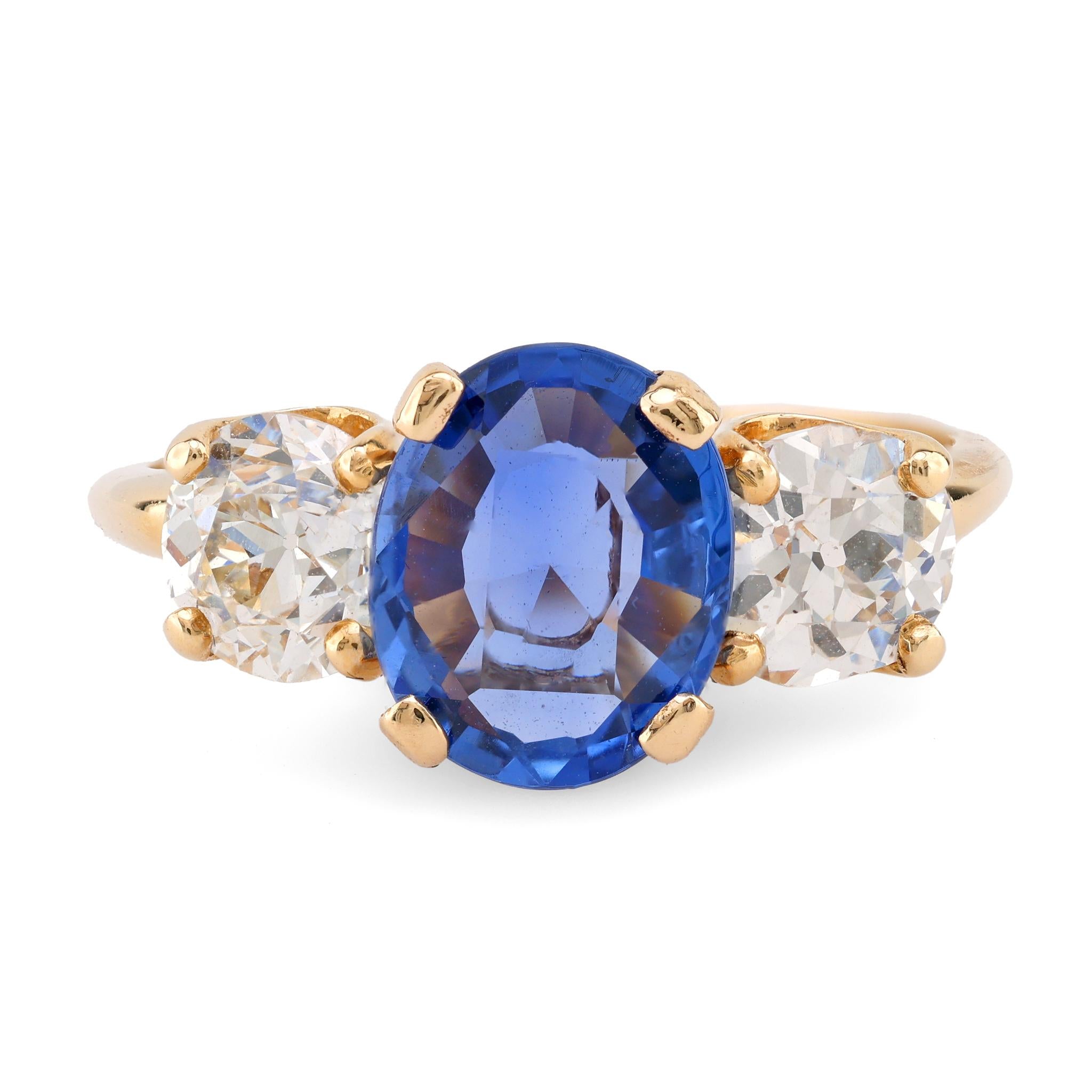 Antique GIA 2.04 Carat No Heat Sapphire Diamond 18K Yellow Gold Three Stone Ring  Jack Weir & Sons   