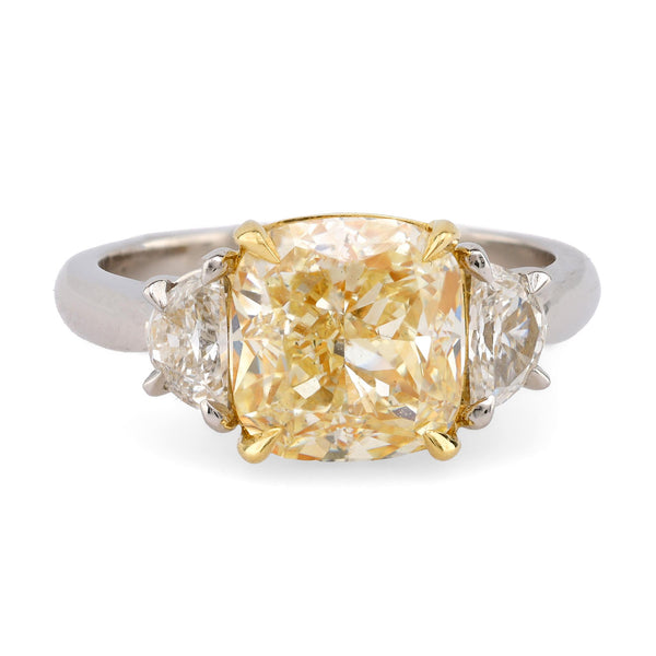 Modern 3.08 Carat EGL Fancy Yellow Diamond Platinum Three Stone Ring  Jack Weir & Sons   