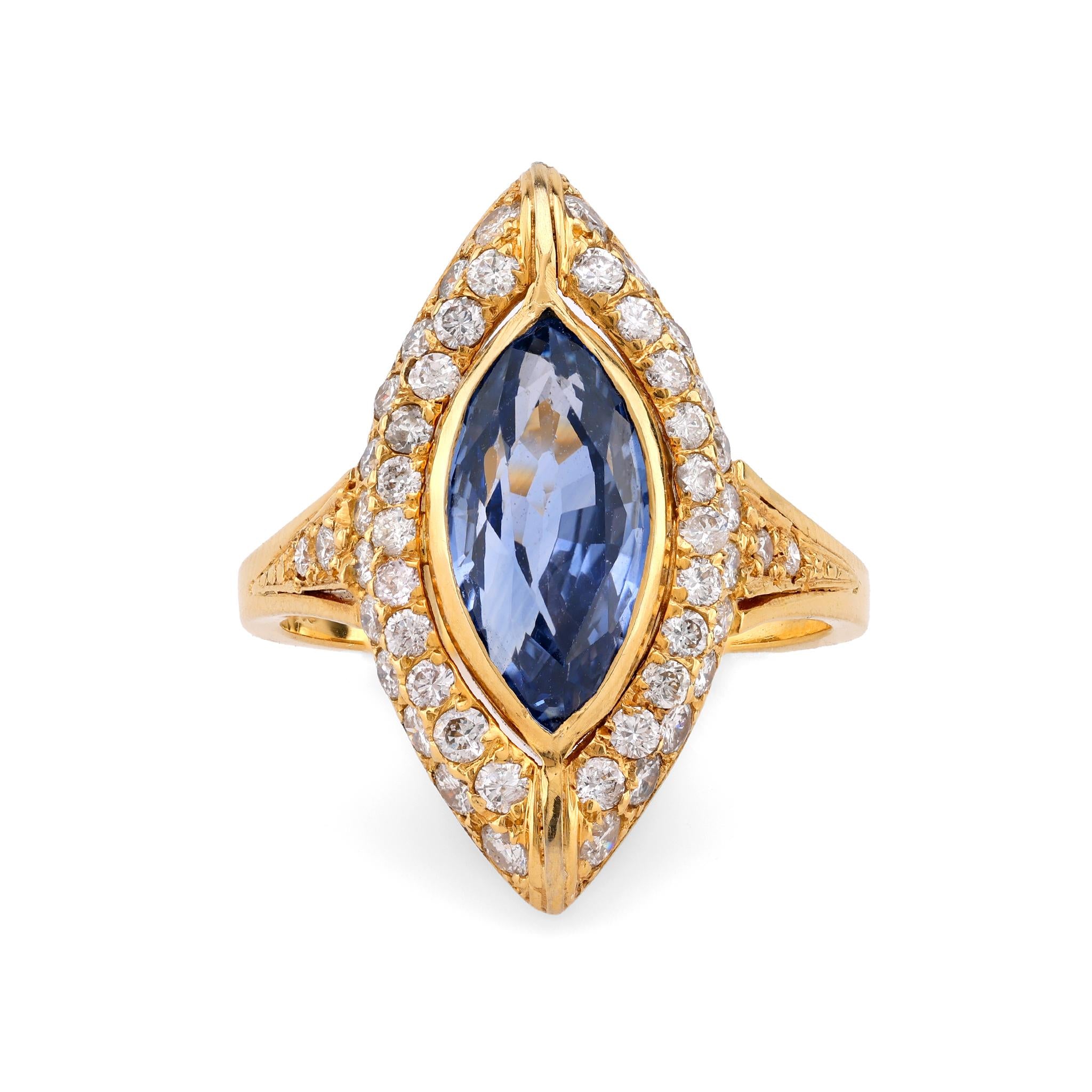 Vintage GIA 2.82 Carat Sapphire Diamond 18K Yellow Gold Navette Ring Rings Jack Weir & Sons   