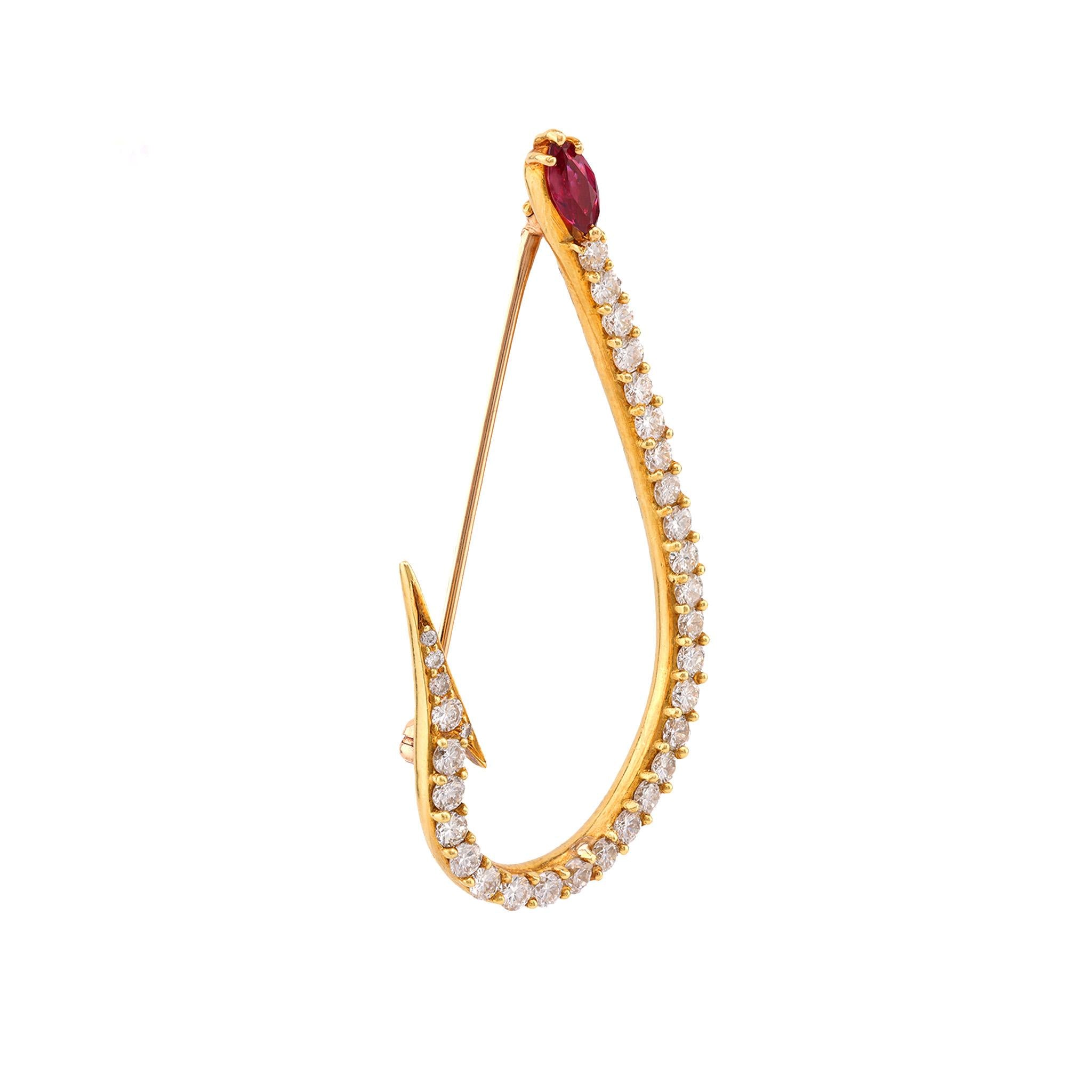 Vintage Ruby Diamond 18K Yellow Gold Fish Hook Brooch  Jack Weir & Sons   