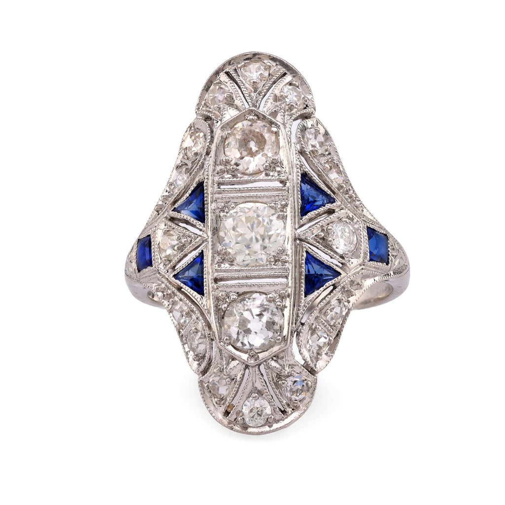 Art Deco Diamond Sapphire Platinum Navette Ring Rings Jack Weir & Sons   