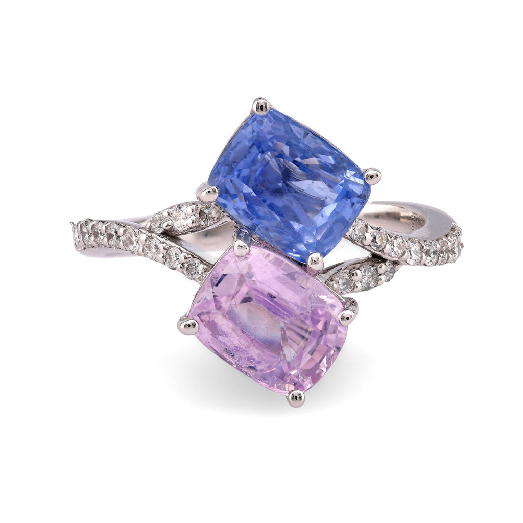 Vintage 4.43 Carat Blue and Pink Sapphire Diamond Platinum Toi Et Moi Ring  Jack Weir & Sons   