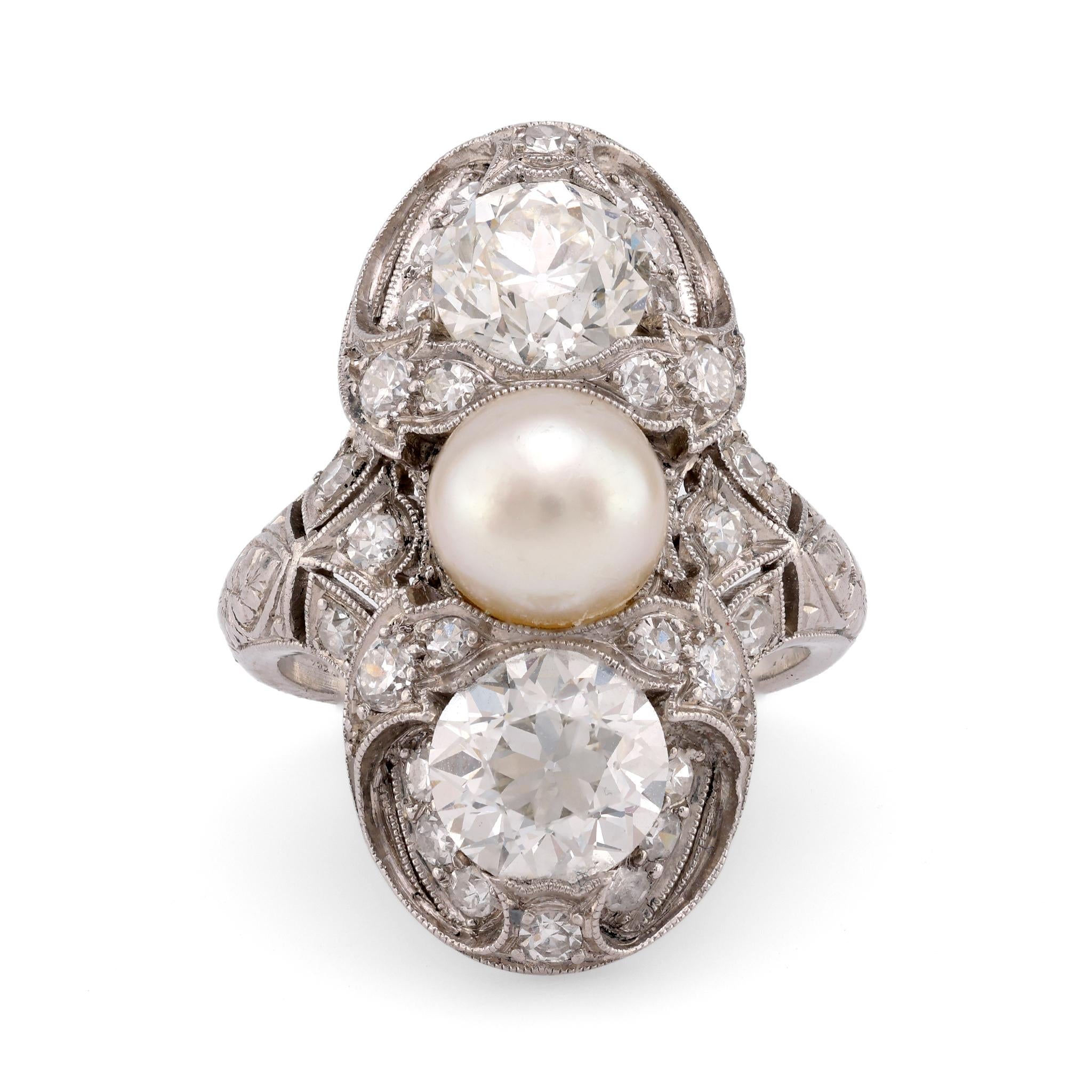 Edwardian GIA Natural White Saltwater Pearl Diamond Platinum Cocktail Ring Rings Jack Weir & Sons   