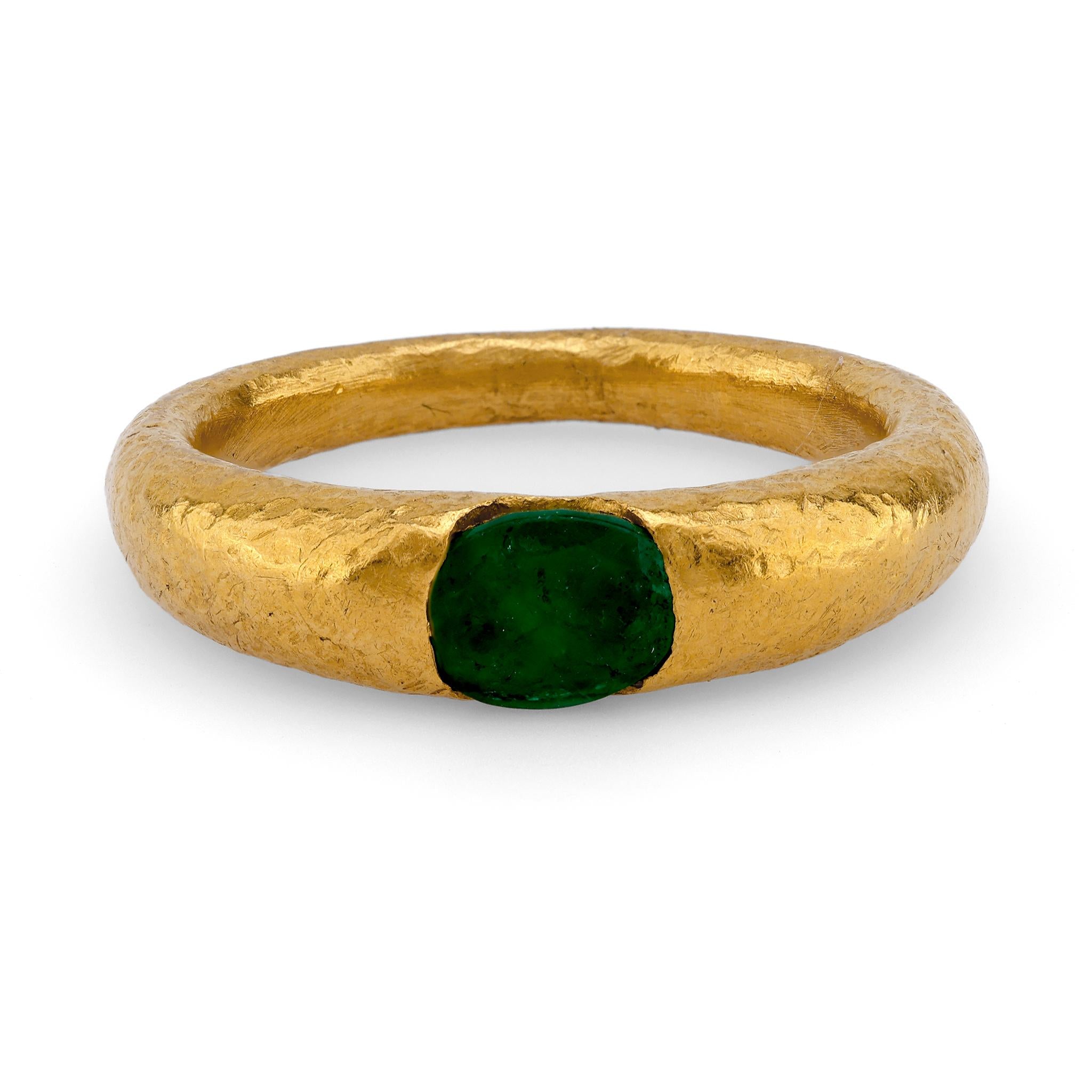 Roman Style Emerald 24K Textured Yellow Gold Solitaire Ring  Jack Weir & Sons   