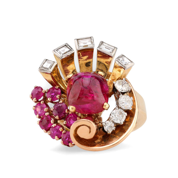 Retro 4.89 Carat Cabochon Cut No Heat Ruby Diamond 18K Yellow Gold Cocktail Ring  Jack Weir & Sons   