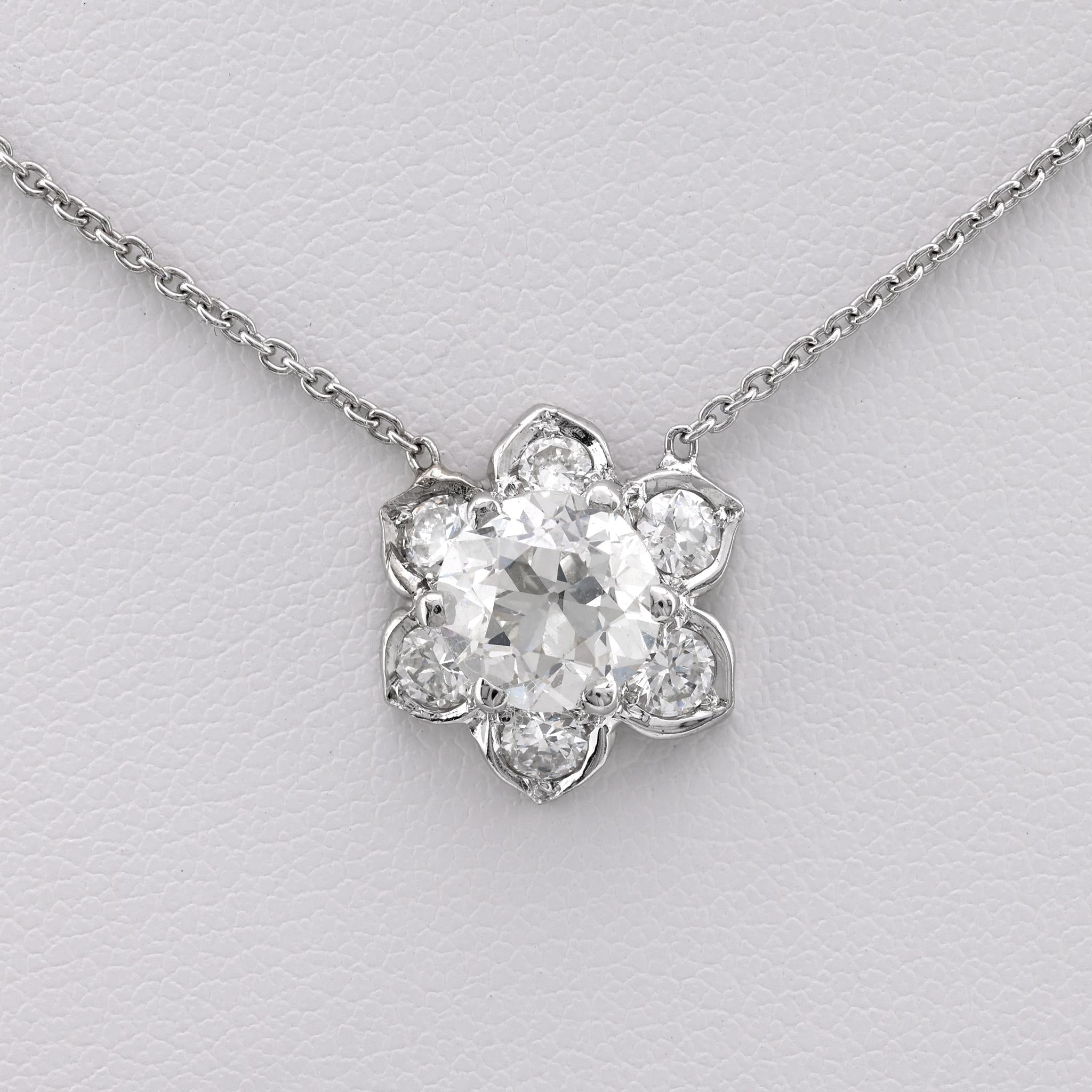 Antique Style 1.40 Carat Diamond Platinum Flower Necklace Necklaces Jack Weir & Sons   