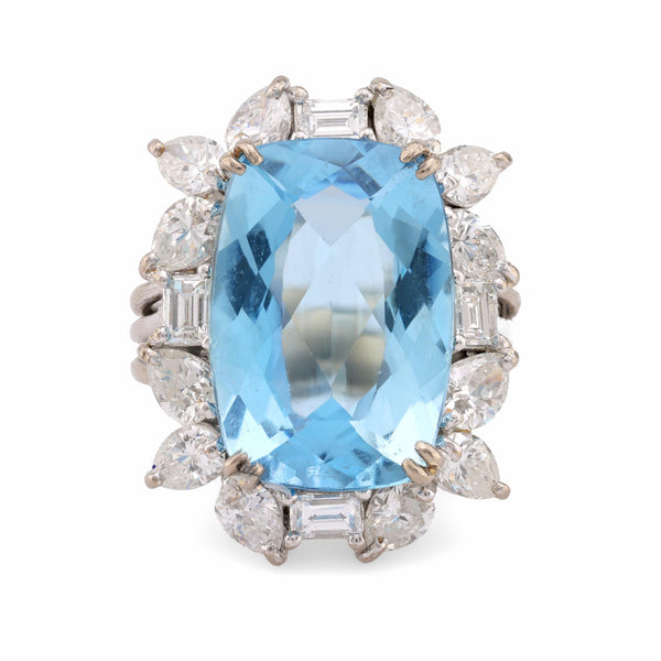 Mid Century 6 Carat Aquamarine Diamond 18K White Gold Cocktail Ring