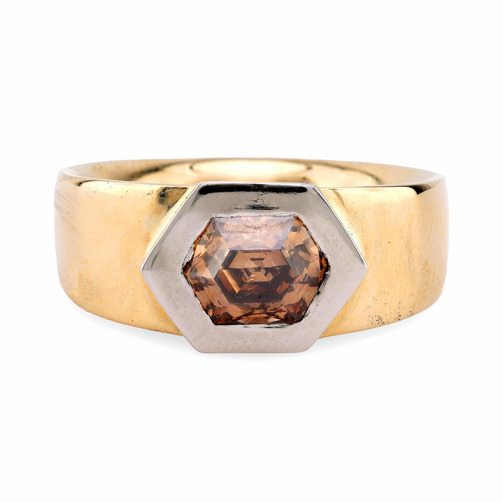 Contemporary 1.29 Carat Fancy Brown Hexagon Cut Diamond 18K Yellow Gold Band  Jack Weir & Sons   