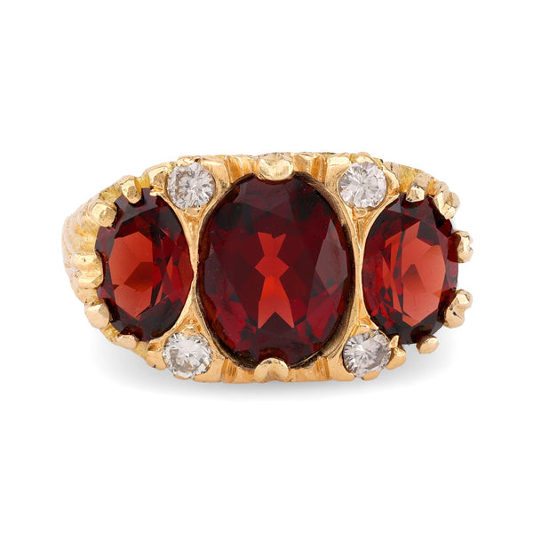 Victorian 4.2 Carat Oval Cut Garnet Diamond 18K Yellow Gold Three Stone Ring  Jack Weir & Sons   