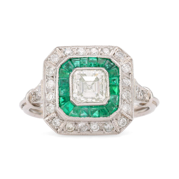 Art Deco Style Diamond Emerald Platinum Square Halo Ring  Jack Weir & Sons   