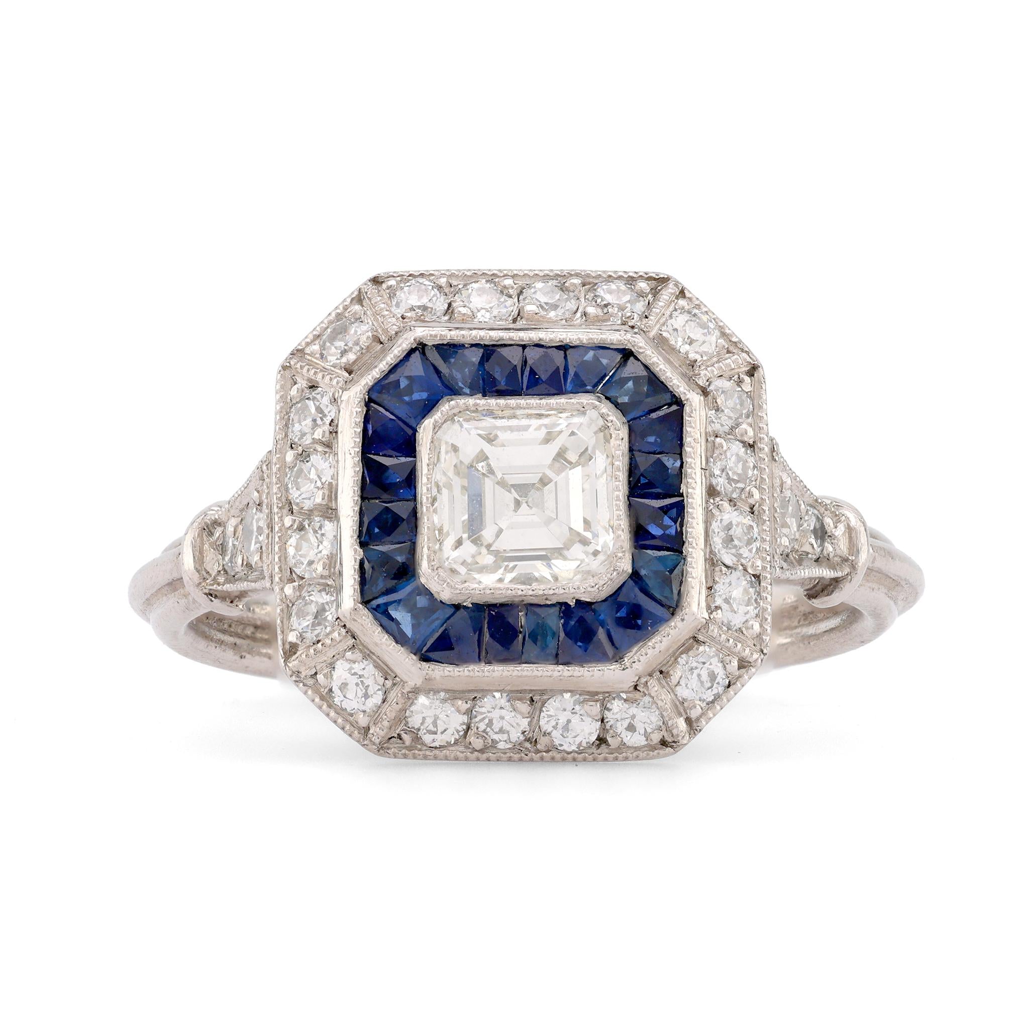 Art Deco Style Diamond Sapphire Platinum Square Halo Ring Rings Jack Weir & Sons   