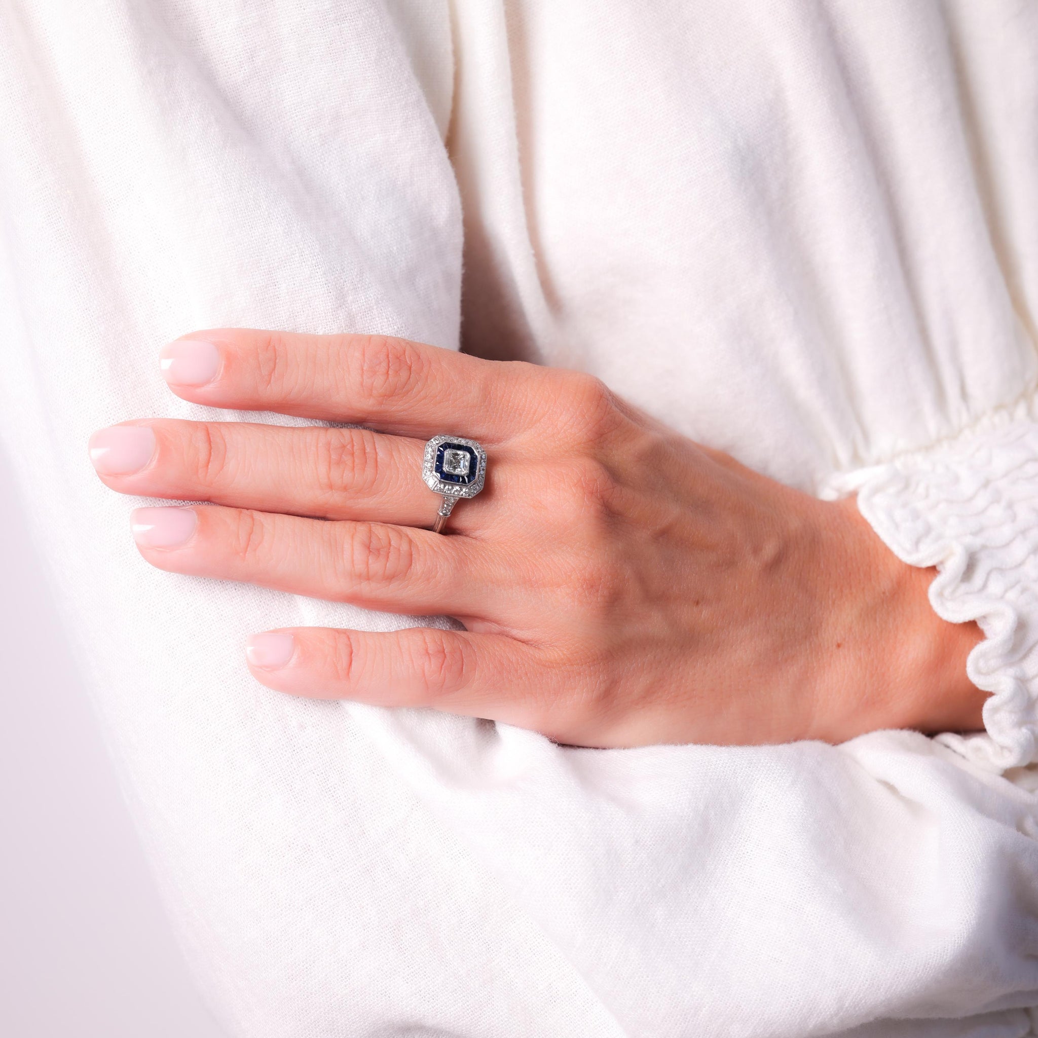 Art Deco Style Diamond Sapphire Platinum Square Halo Ring Rings Jack Weir & Sons