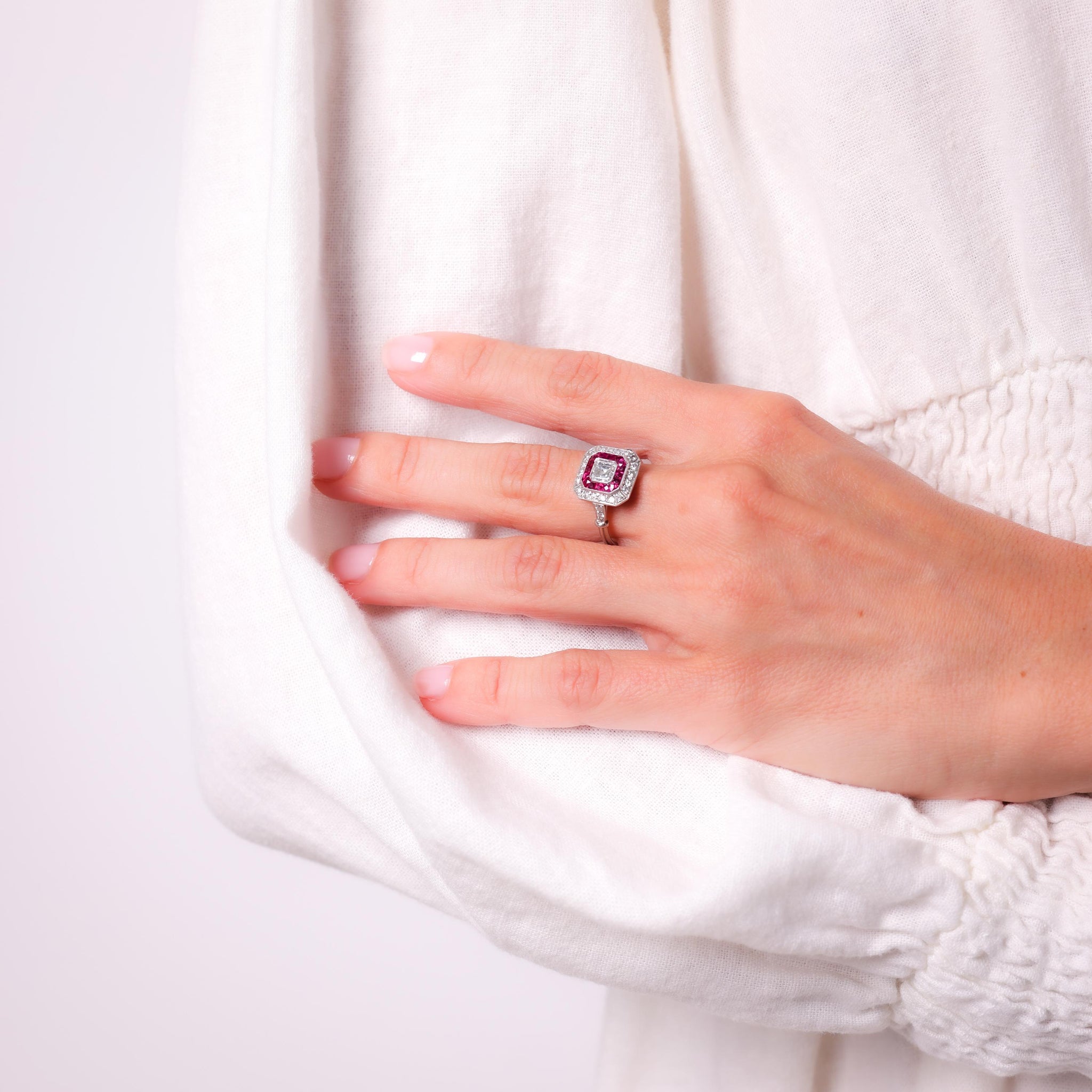 Art Deco Style Diamond Ruby Platinum Square Halo Ring Rings Jack Weir & Sons