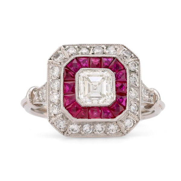 Art Deco Style Diamond Ruby Platinum Square Halo Ring  Jack Weir & Sons   