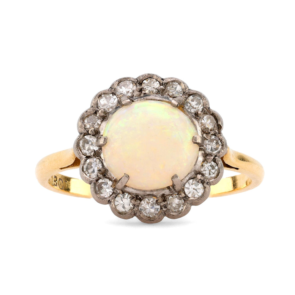 Edwardian Cabochon Cut Opal Diamond 18K Yellow Gold Cluster Ring Rings Jack Weir & Sons   