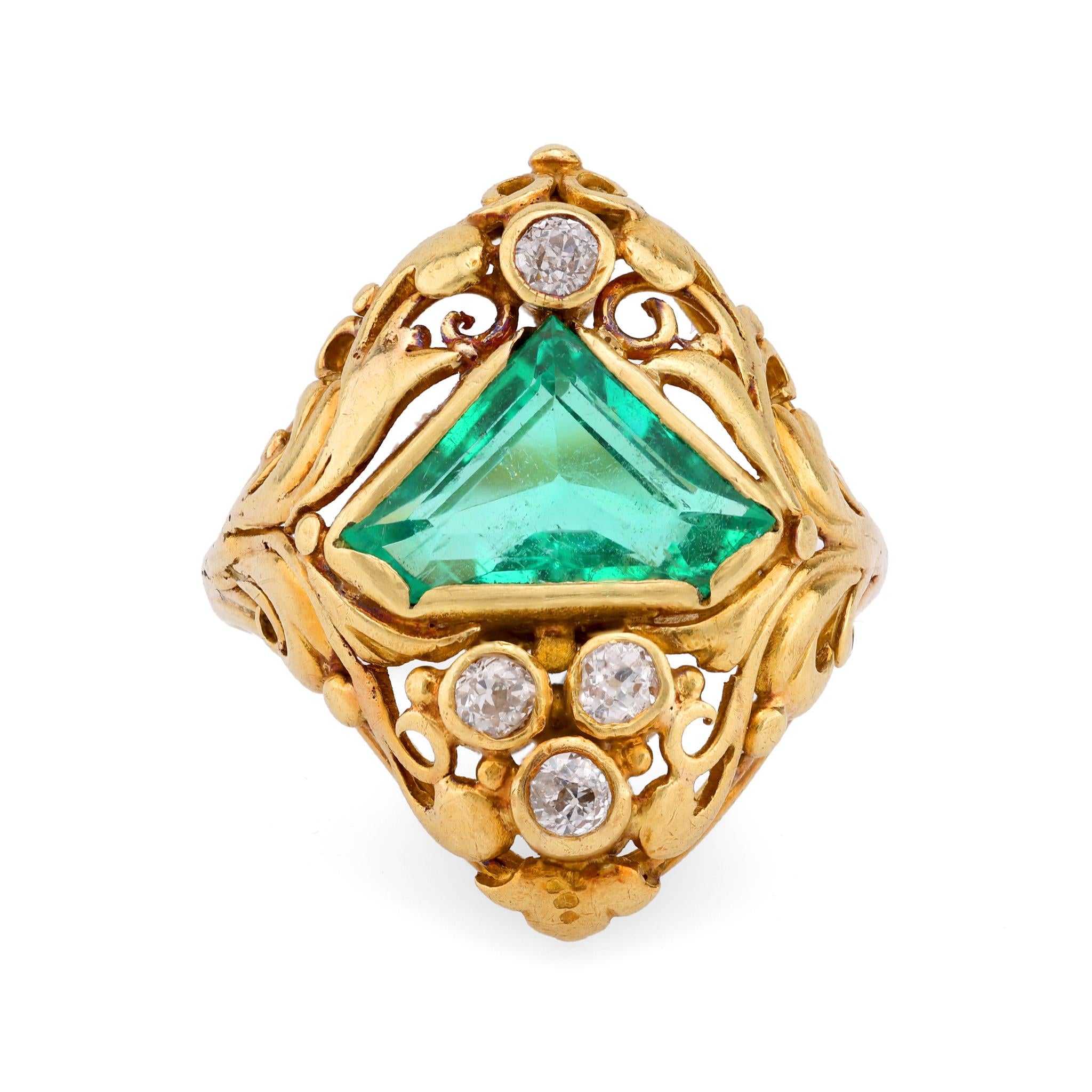 Antique GIA 1.95 Carat Shield Cut Emerald Diamond 18K Yellow Gold Scroll Ring  Jack Weir & Sons   