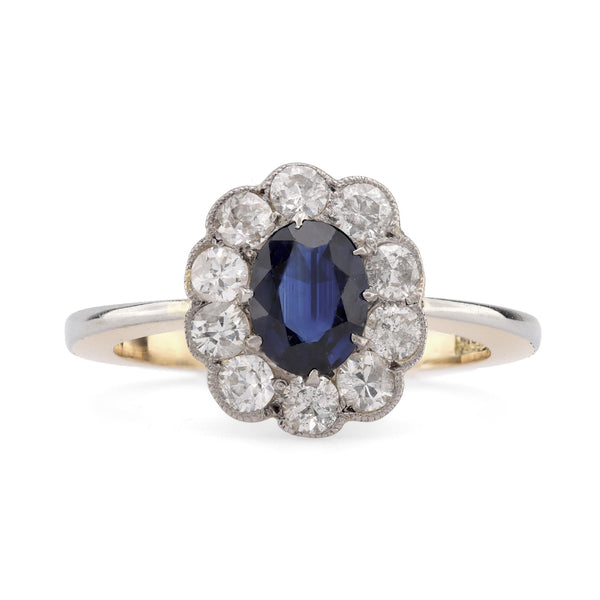 Edwardian Style Sapphire Diamond 18K Yellow Gold Cluster Ring Rings Jack Weir & Sons   