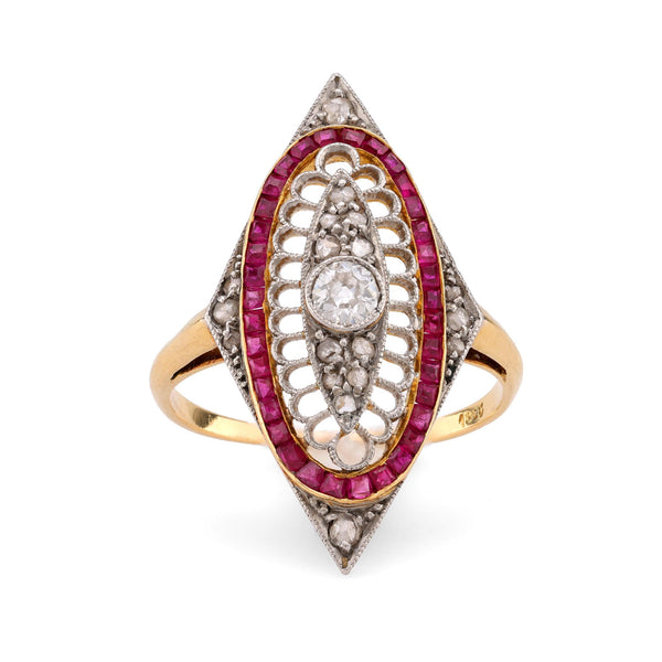 Edwardian Diamond Ruby 18K Yellow and White Gold Navette Ring  Jack Weir & Sons   