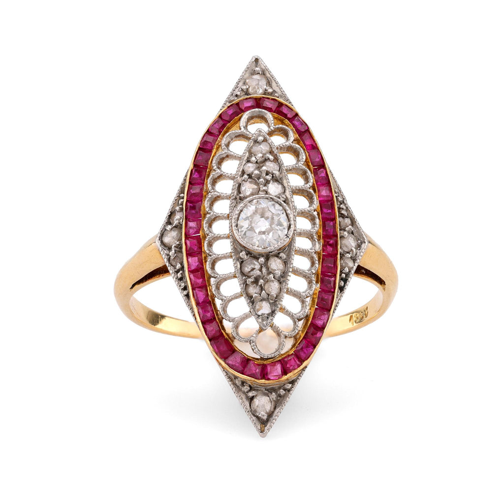 Edwardian Diamond Ruby 18K Yellow and White Gold Navette Ring  Jack Weir & Sons   