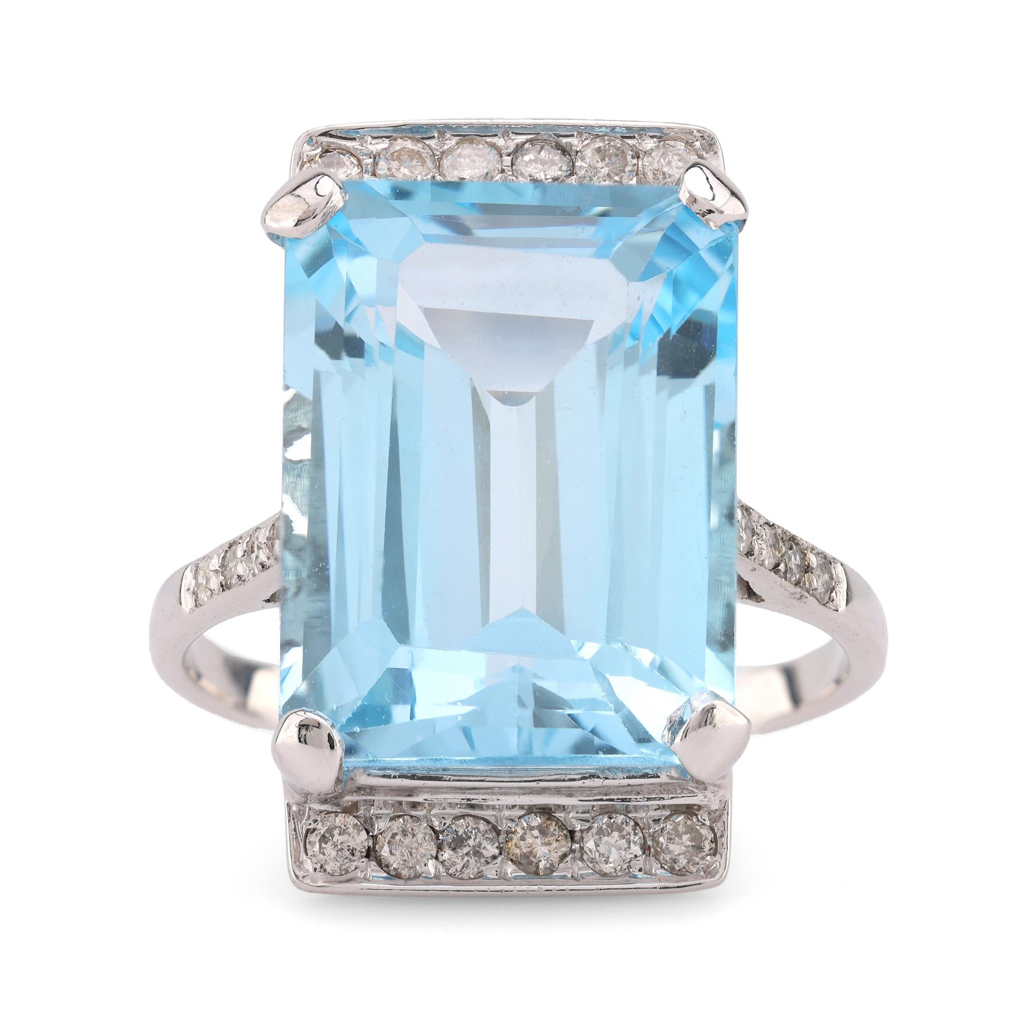 Mid Century French 12 Carat Aquamarine Diamond 18K White Gold Cocktail Ring Rings Jack Weir & Sons   