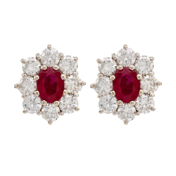 Vintage GIA Burma Ruby Diamond 18K White and Yellow Gold Cluster Earrings  Jack Weir & Sons