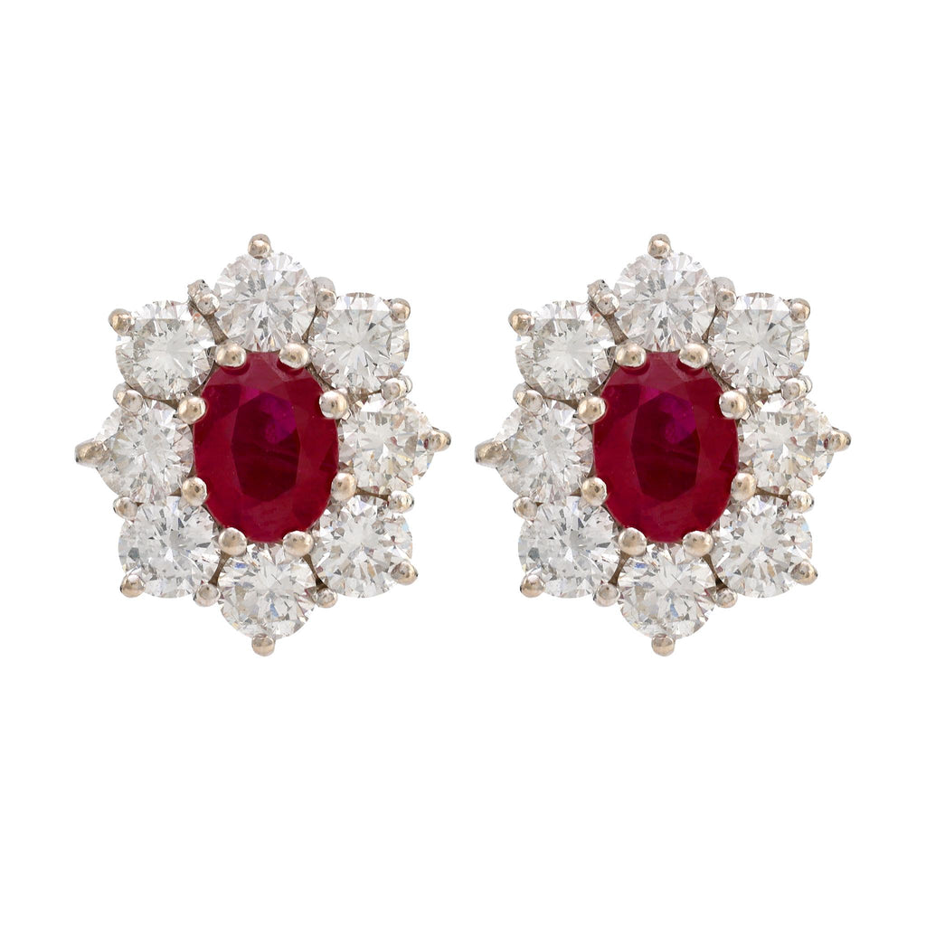 Vintage GIA Burma Ruby Diamond 18K White and Yellow Gold Cluster Earrings  Jack Weir & Sons   