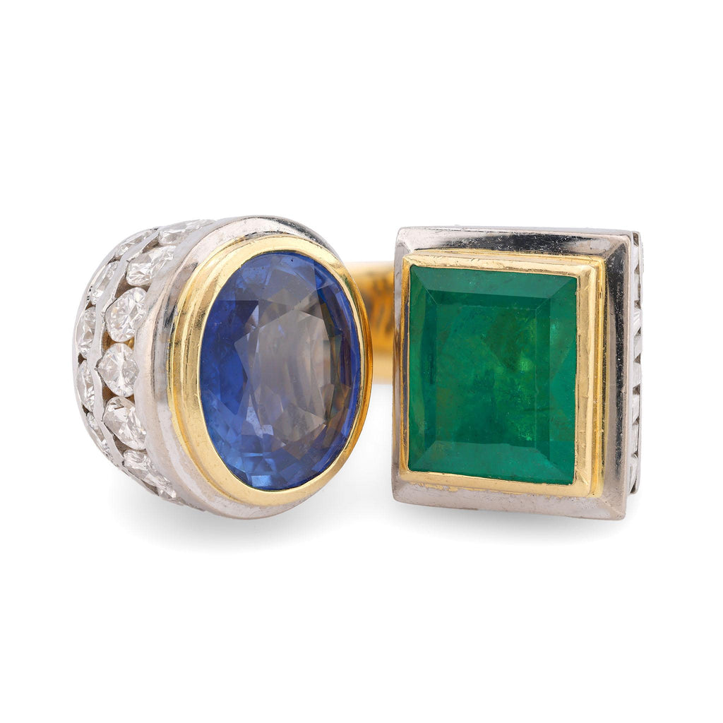 GIA 10 Carat Sapphire GIA 5.3 Carat Emerald Diamond 18K Yellow Gold Large Ring  Jack Weir & Sons   