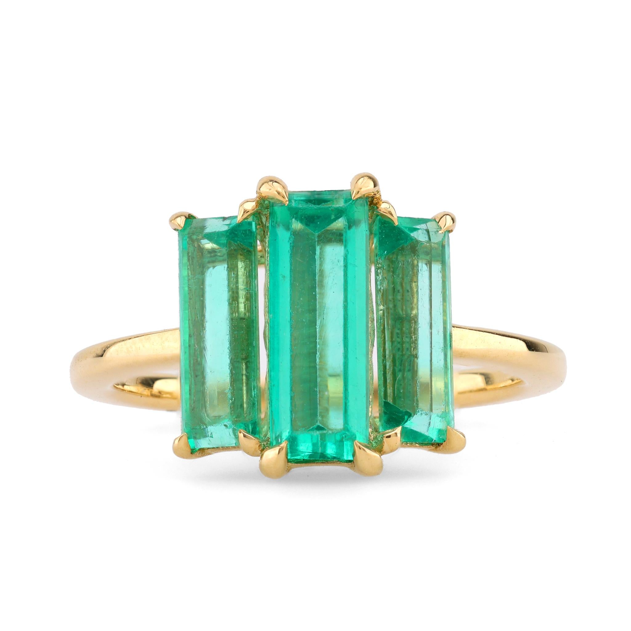 Mid Century Style GIA 2.5 Carat Emerald 18K Yellow Gold Three Stone Ring Rings Jack Weir & Sons