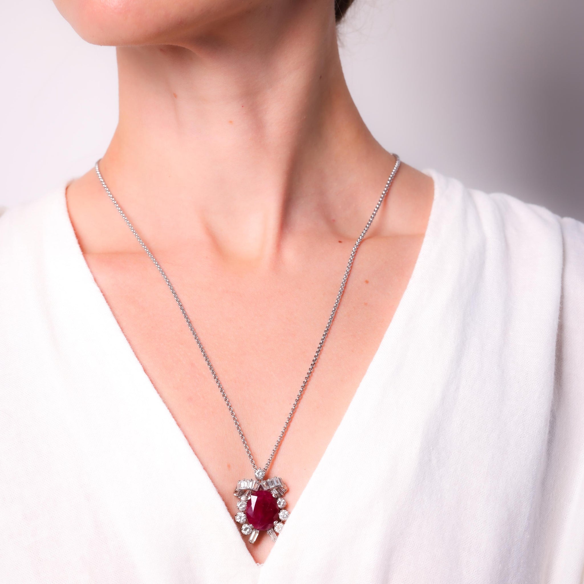 Mid Century 11.6 Carat Burma No Heat Ruby Diamond Platinum Necklace Necklaces Jack Weir & Sons   