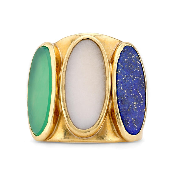 Vintage Lapis Lazuli Chrysoprase Quatrz 18K Yellow Gold Three Stone Ring  Jack Weir & Sons   