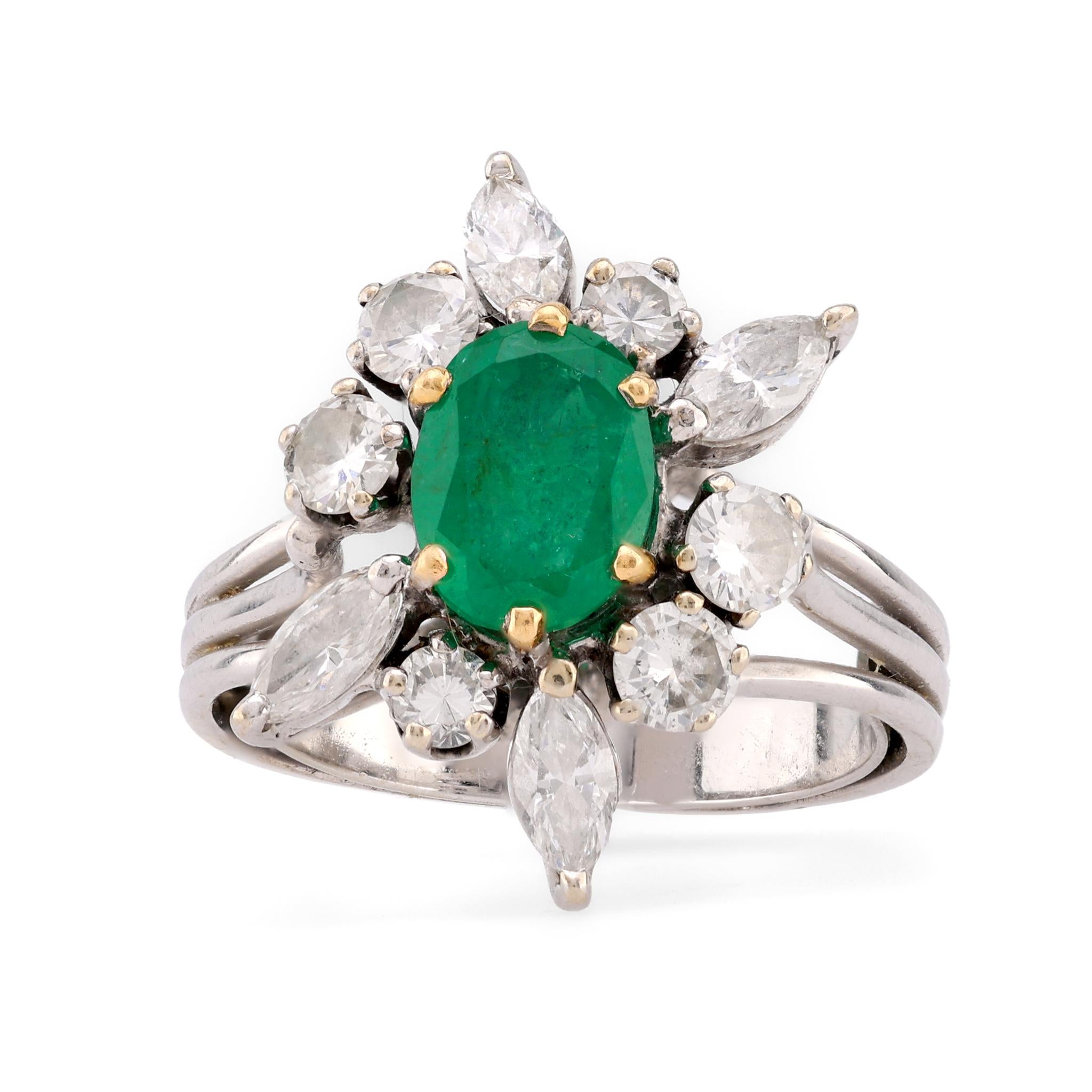 Mid Century French Emerald Diamond 18K White Gold Spray Cluster Ring Rings Jack Weir & Sons   