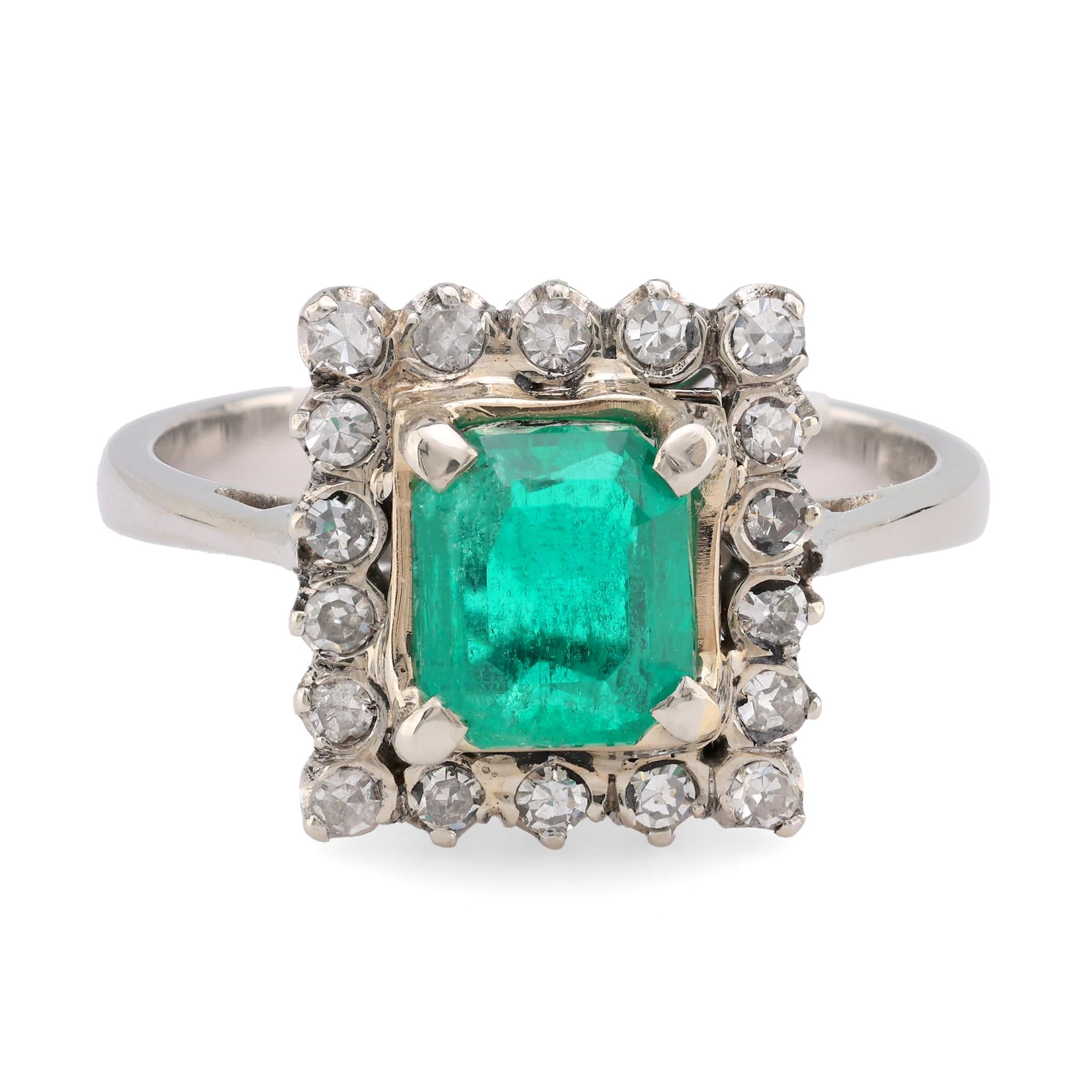 Mid Century GIA 1.1 Carat Emerald Diamond 18K Yellow Gold Cluster Ring  Jack Weir & Sons