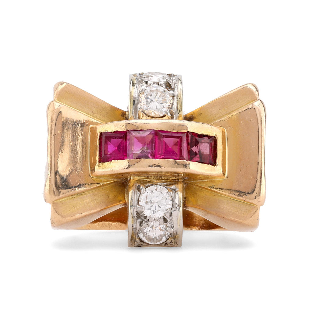 Retro Ruby Diamond 18K Yellow Gold Tank Ring  Jack Weir & Sons   