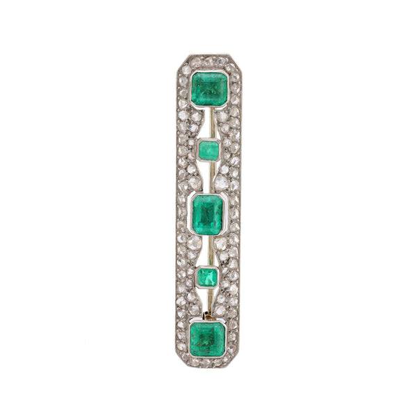 Art Deco French Emerald Diamond 18K White Gold Platinum Bar Brooch  Jack Weir & Sons   