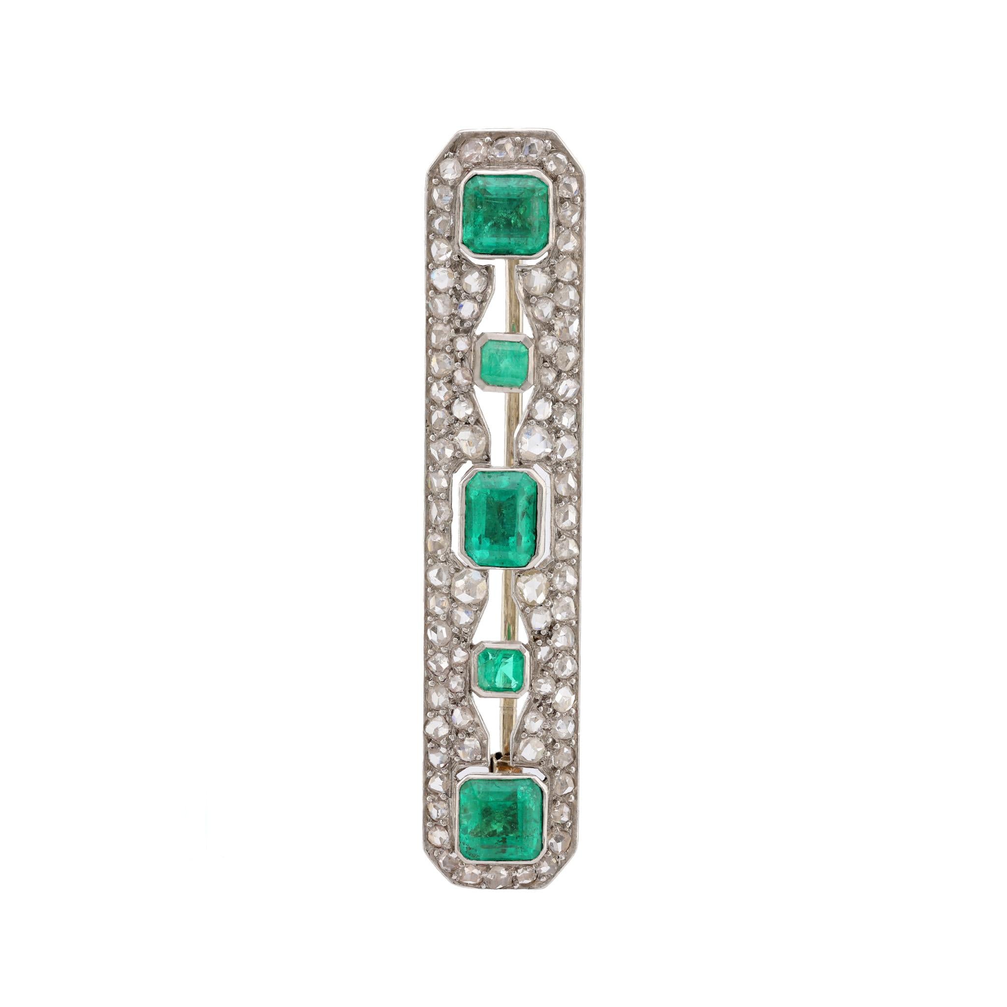 Art Deco French Emerald Diamond 18K White Gold Platinum Bar Brooch Brooches Jack Weir & Sons   