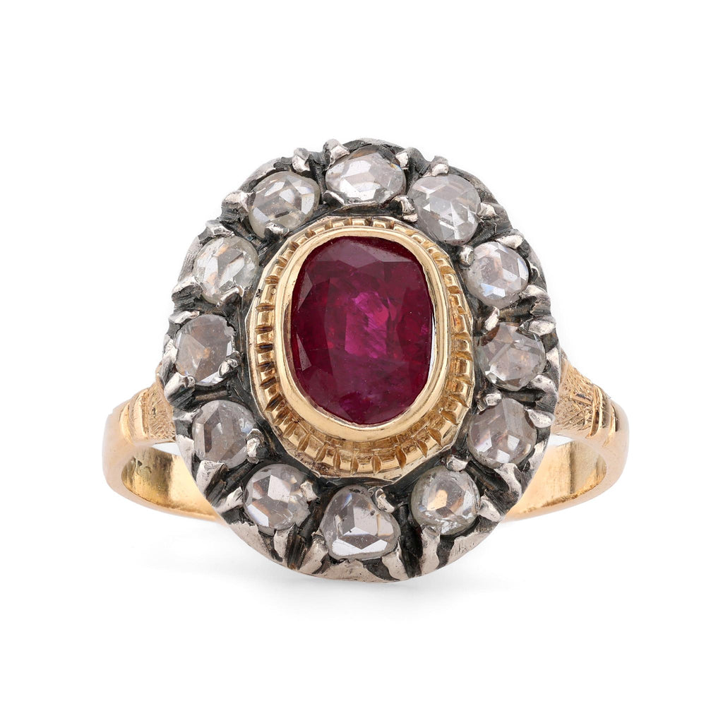 Antique 1.3 Carat No Heat Ruby Diamond 18K Yellow Gold Silver Cluster Ring  Jack Weir & Sons   