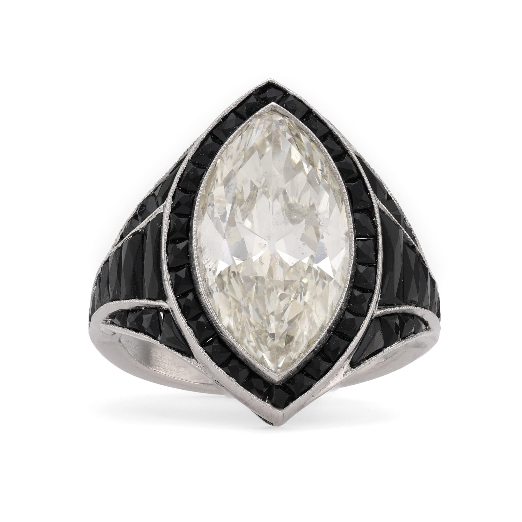 Art Deco Style 6.59 Carat Oval Cut Diamond Onyx Platinum Cocktail Ring Rings Jack Weir & Sons