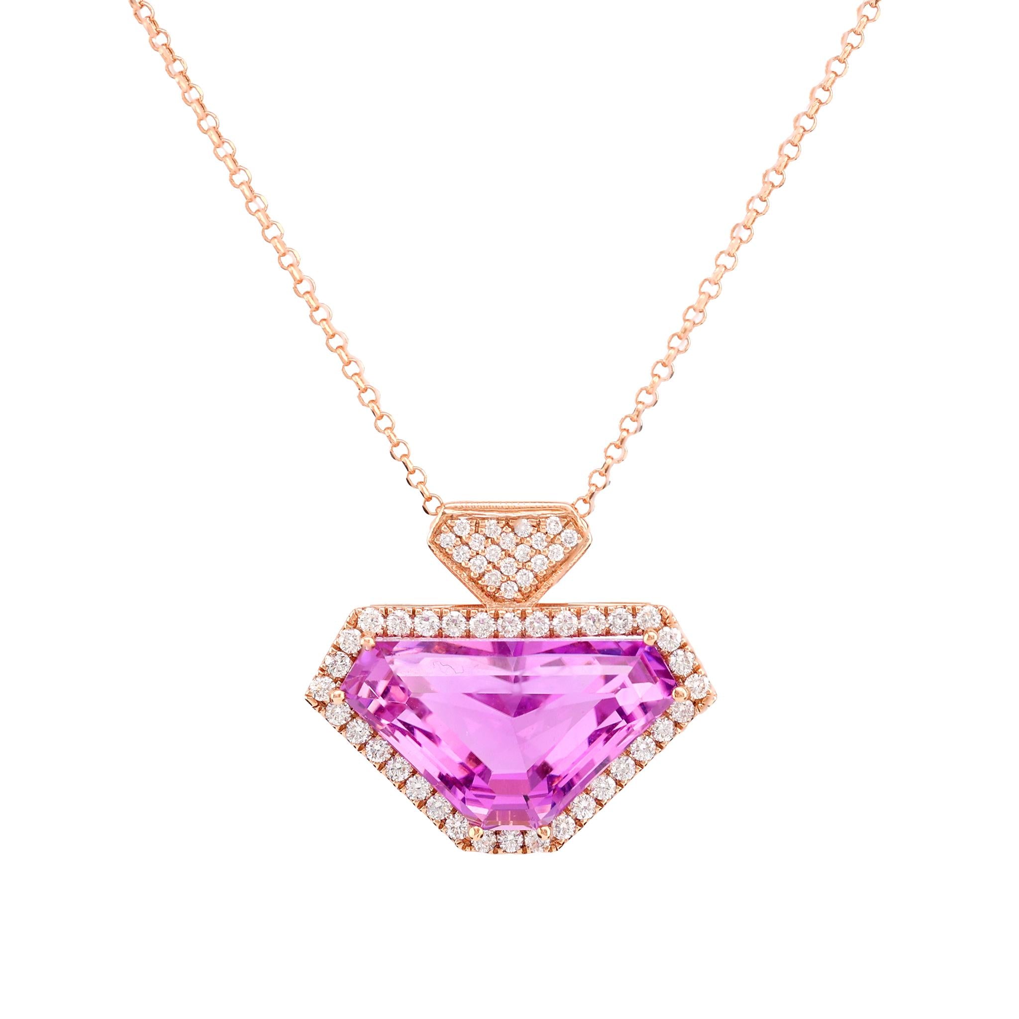 Modern 15 Carat Kunzite Diamond 14K Rose Gold Necklace  Jack Weir & Sons