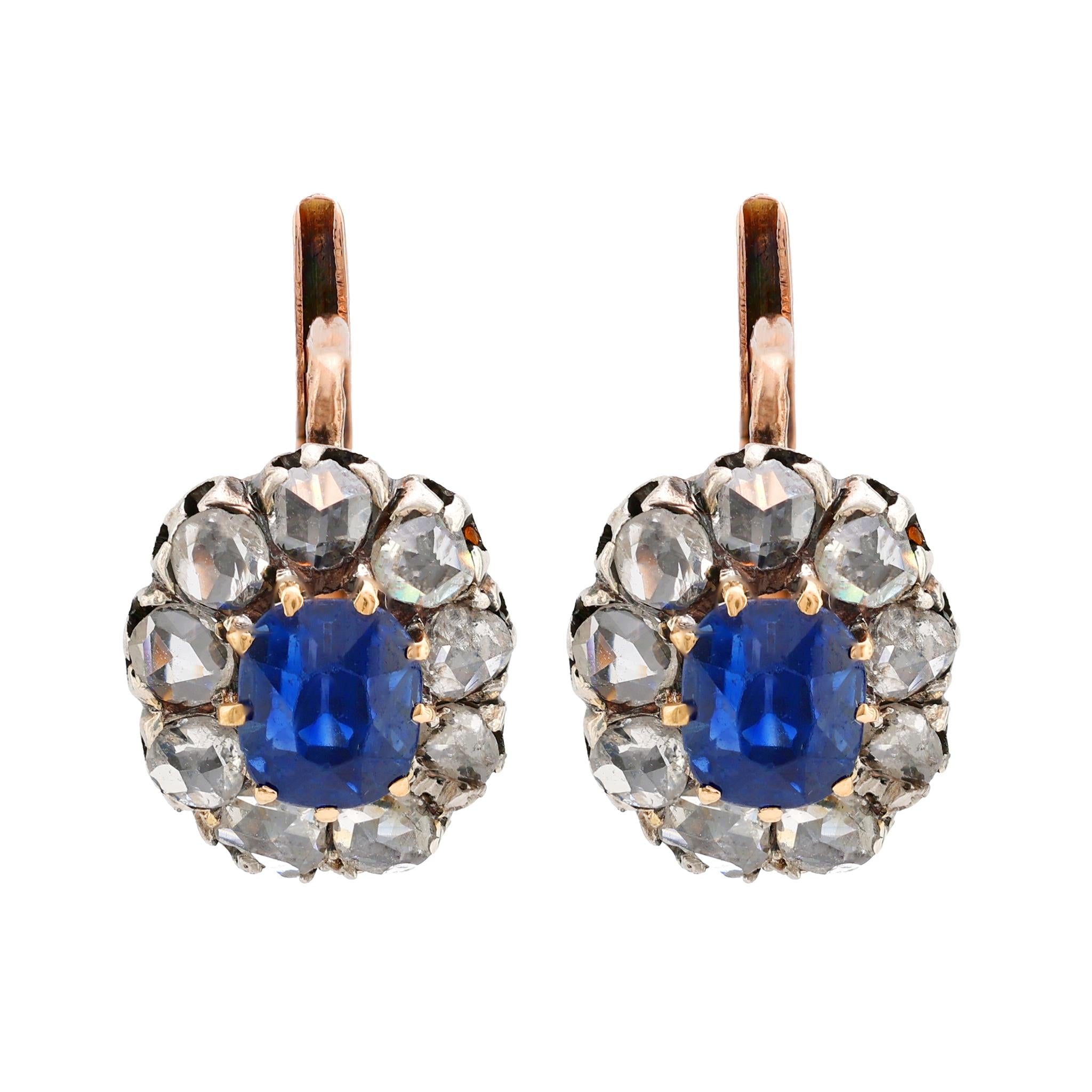 Antique French 1.7 Carat Sapphire Diamond 18K Rose Gold Silver Cluster Earrings  Jack Weir & Sons   