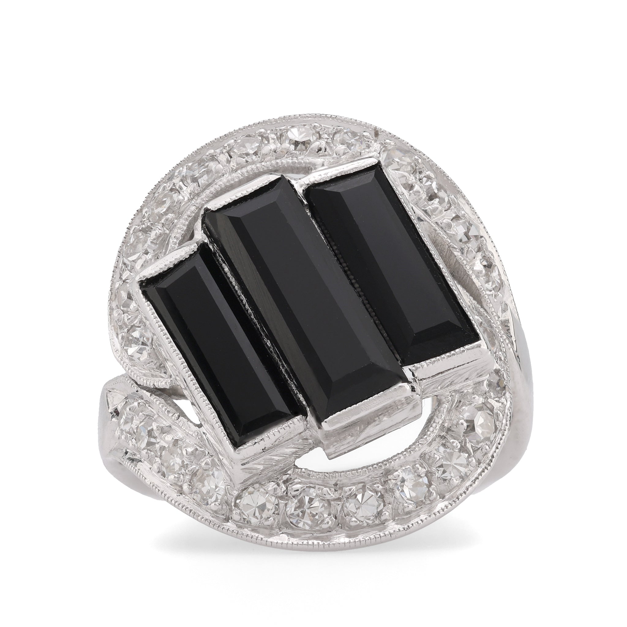 Art Deco Onyx Diamond Platinum Three Stone Ring  Jack Weir & Sons   