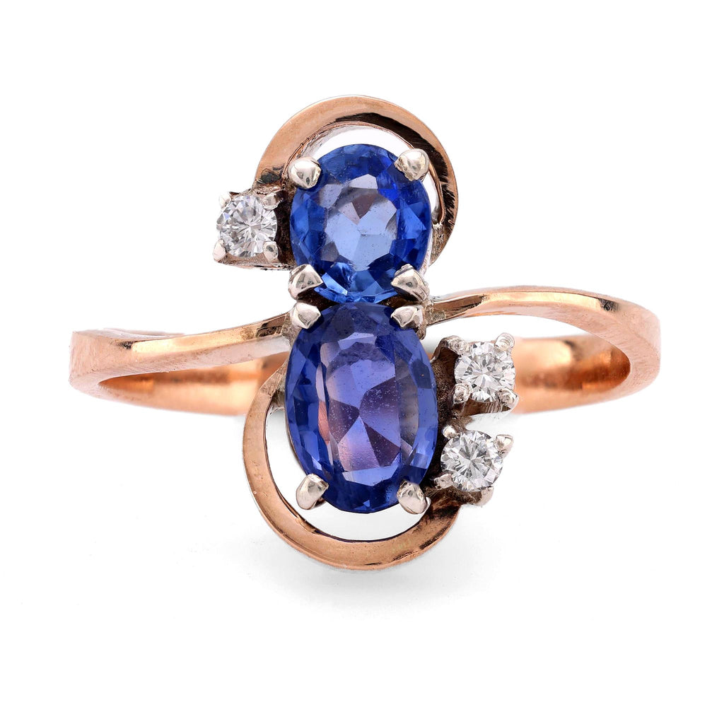 Antique style sapphire diamond 10k rose gold silver Toi Et Moi ring