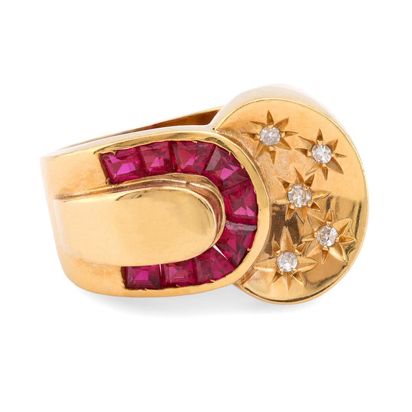 Retro French Synthetic Ruby Diamond 18K Yellow Gold Ring  Jack Weir & Sons   