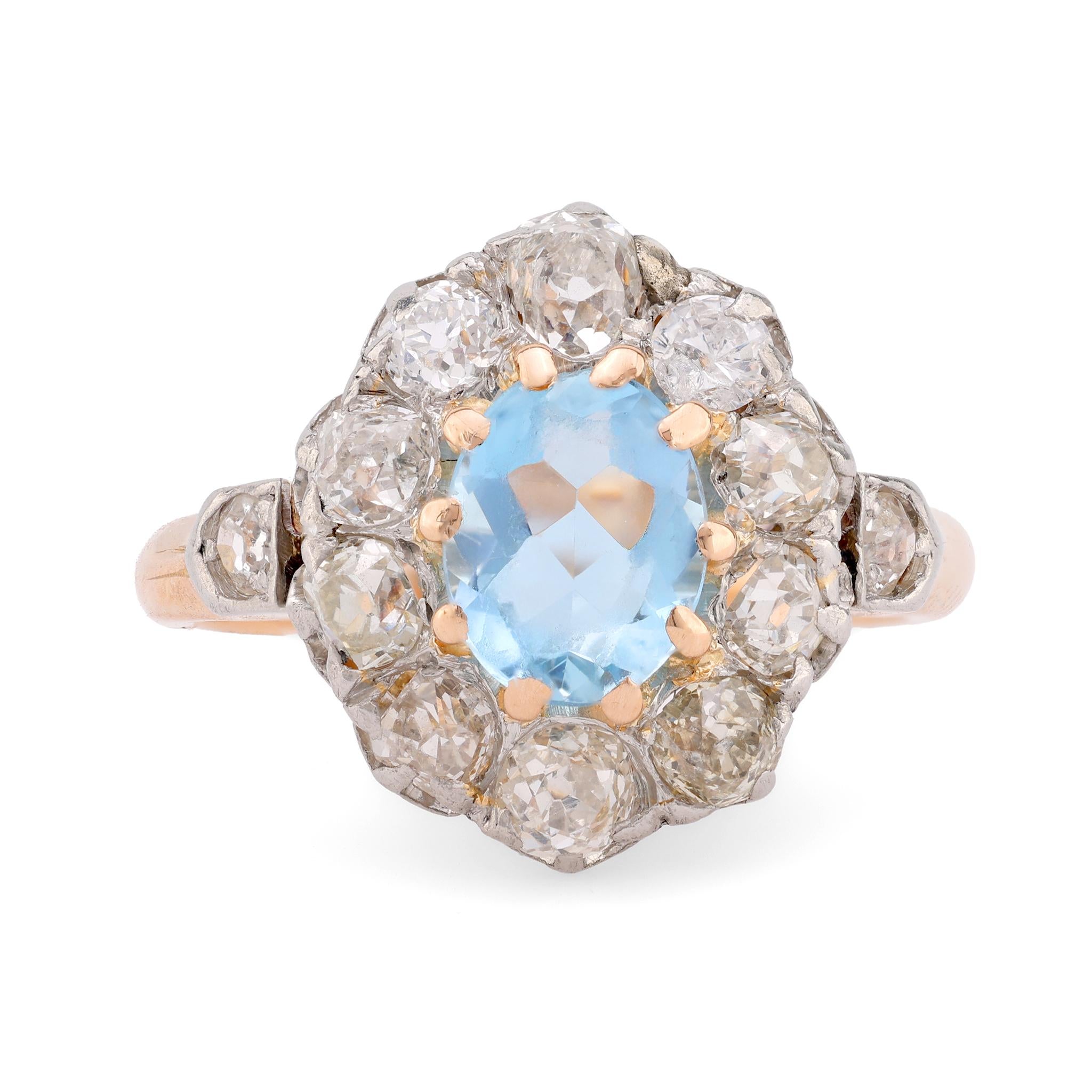 Precious antique aquamarine diamond 18k rose gold and silver cluster ring  Jack Weir & Sons   