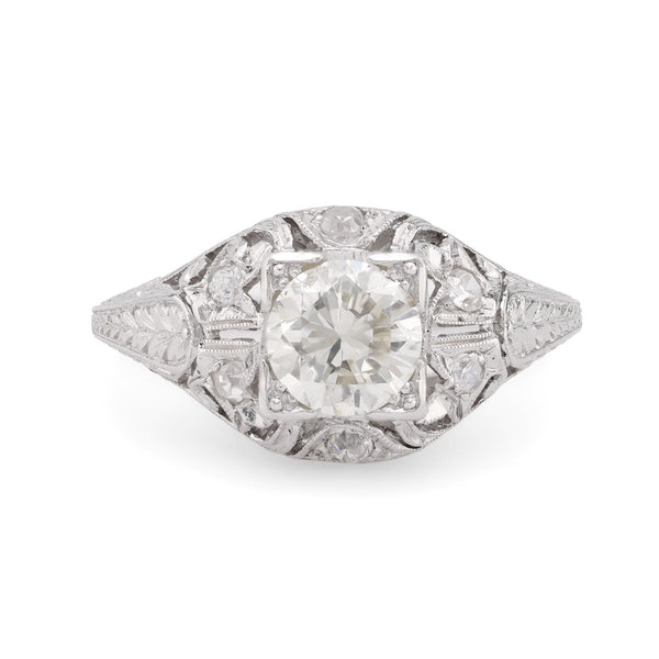 Sparkling GIA 1 carat round brilliant cut diamond platinum filigree ring