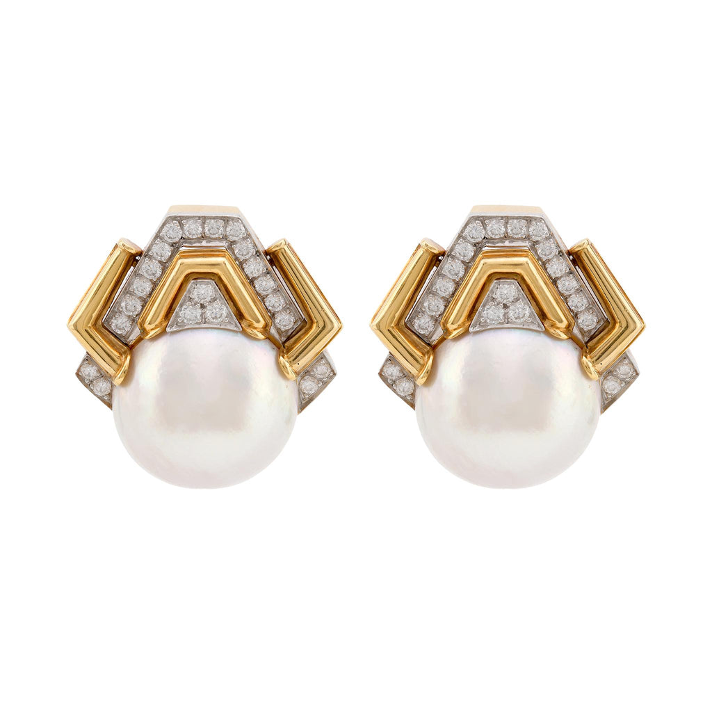 Iconic David Webb mabe pearl diamond 18k yellow gold earrings  David Webb   