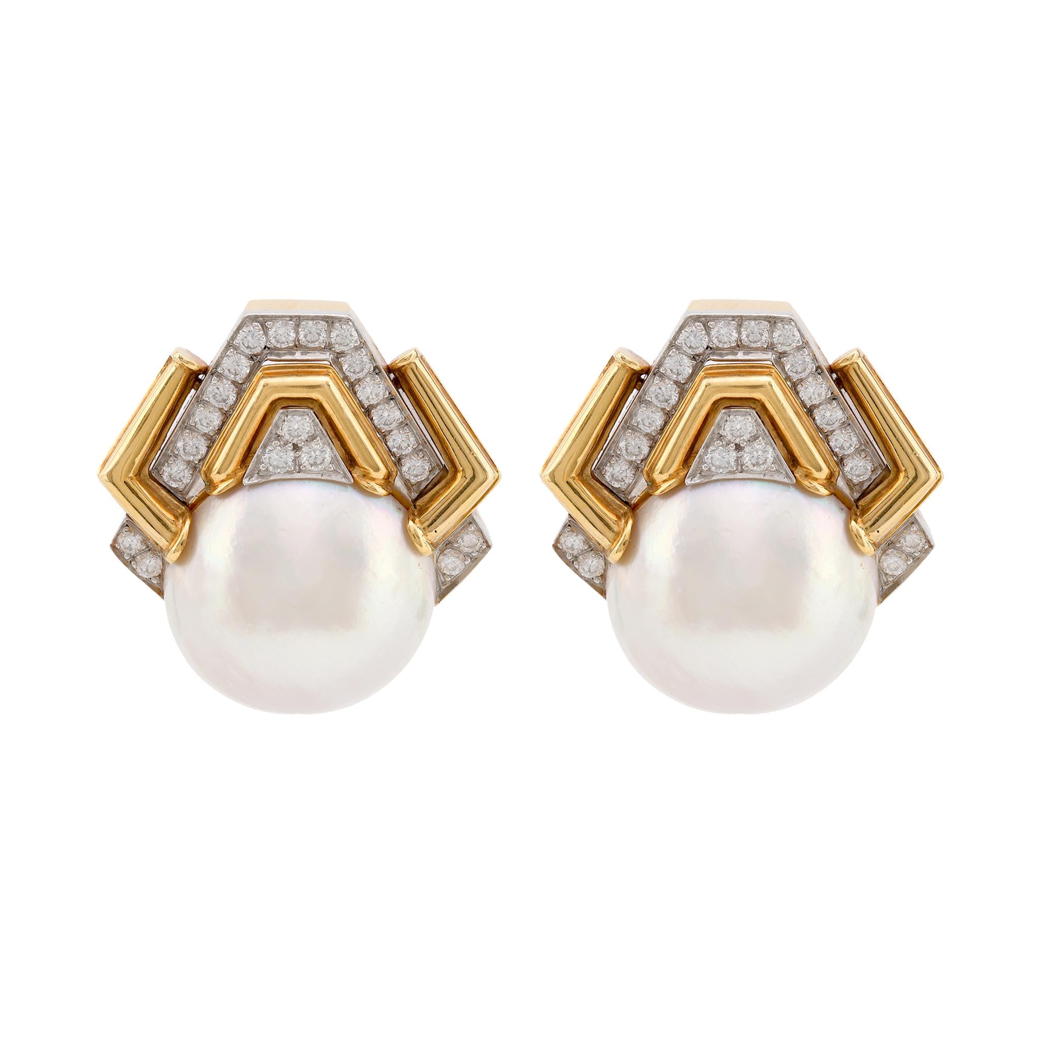 Iconic David Webb mabe pearl diamond 18k yellow gold earrings