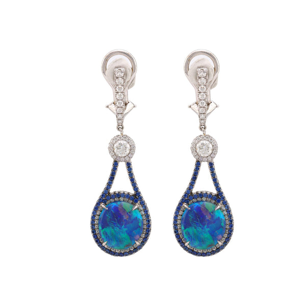 Stunning contemporary black opal diamond sapphire 18k white gold drop earrings  Jack Weir & Sons   