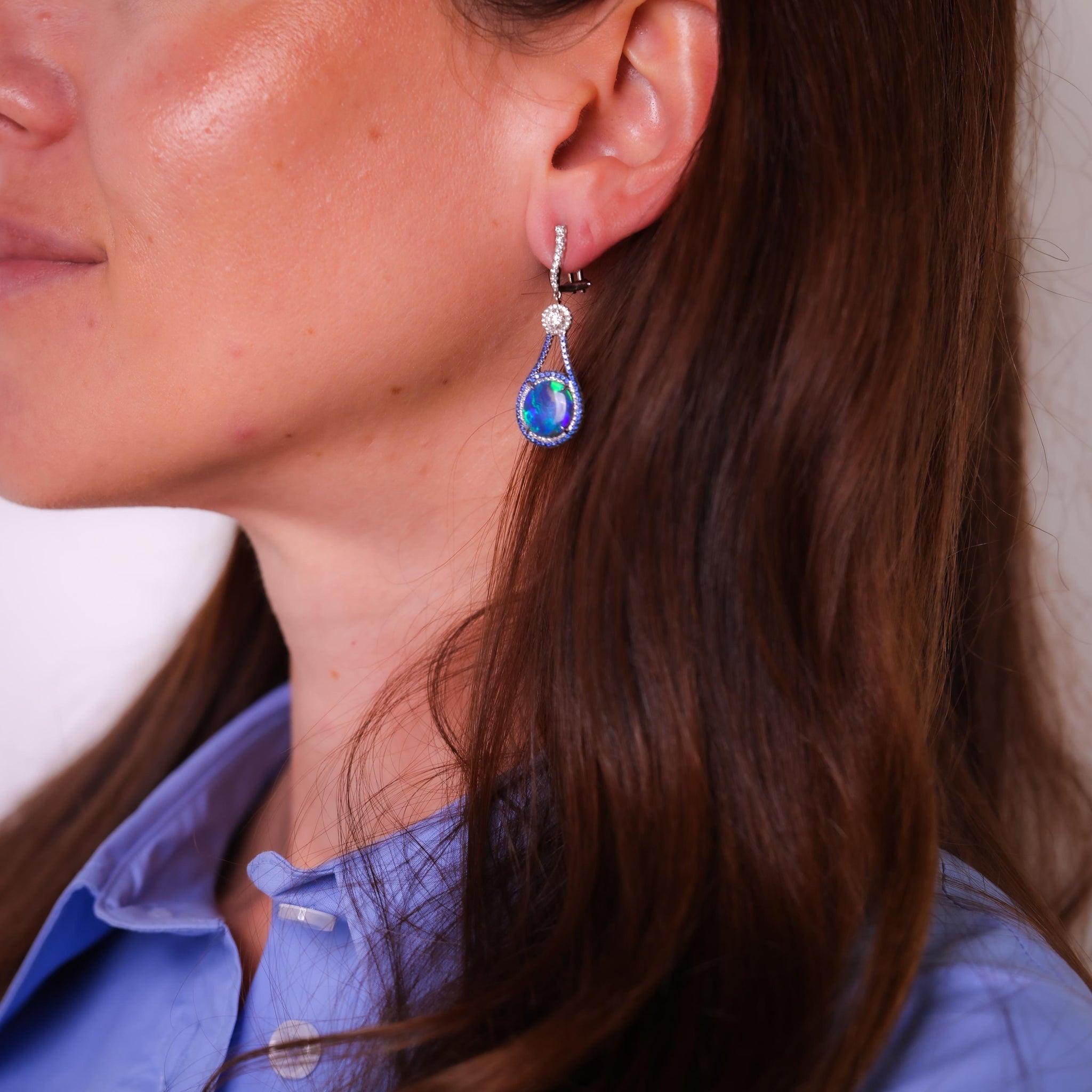 Stunning contemporary black opal diamond sapphire 18k white gold drop earrings  Jack Weir & Sons   